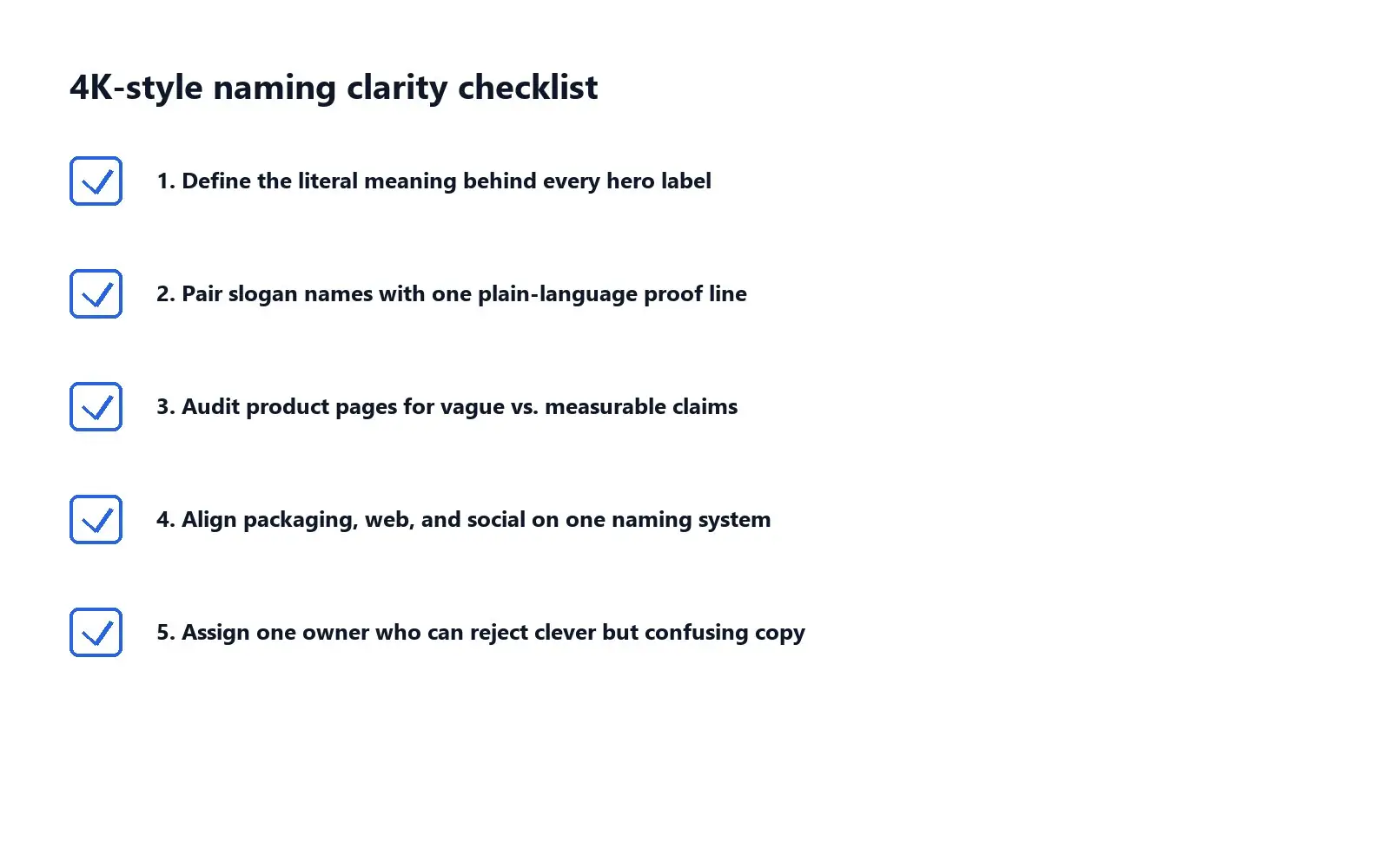Checklist graphic of brand naming moves inspired by 4K marketing and resolution branding lessons.