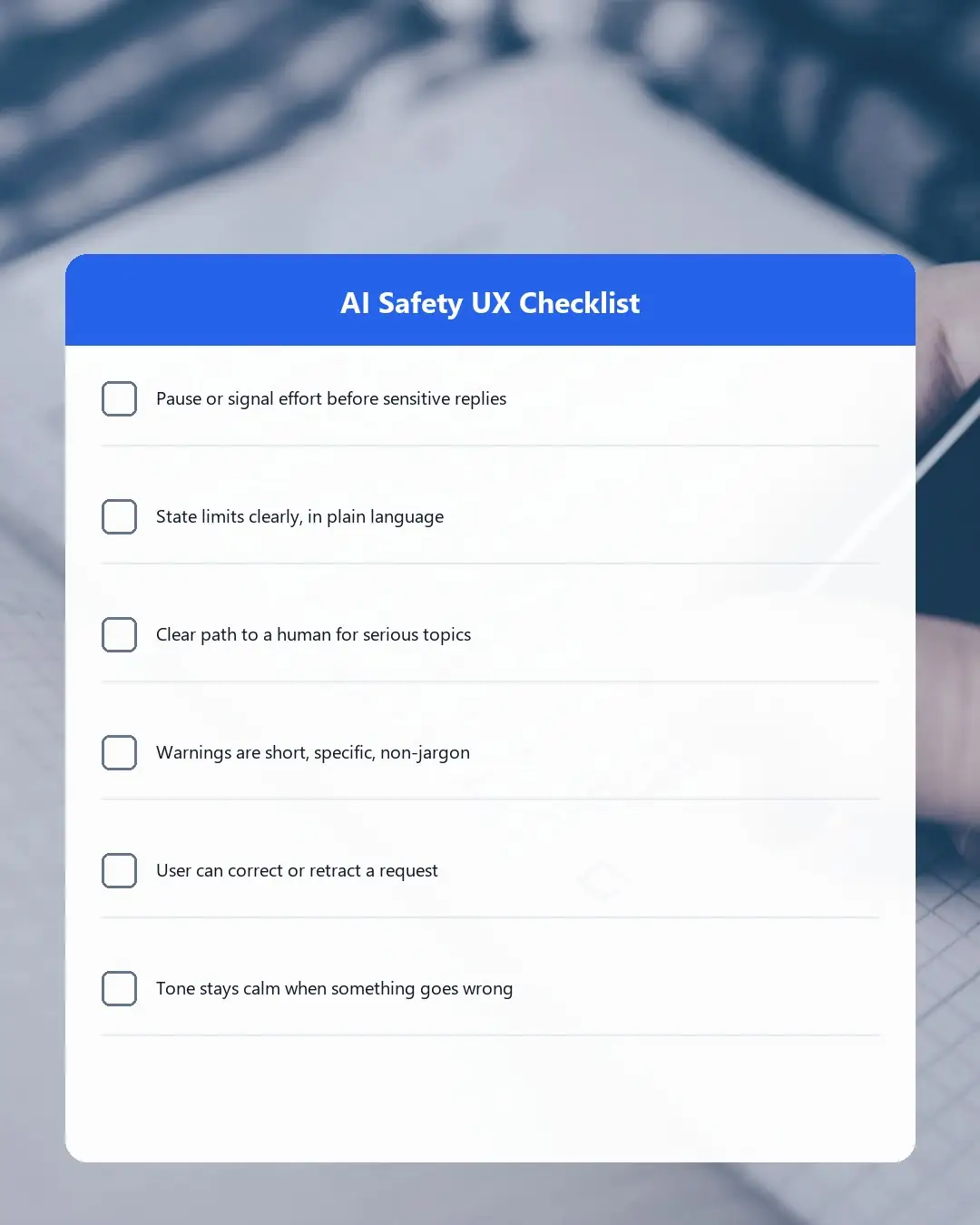 A notepad and pen on a desk, styled as a background for an AI safety UX checklist graphic.