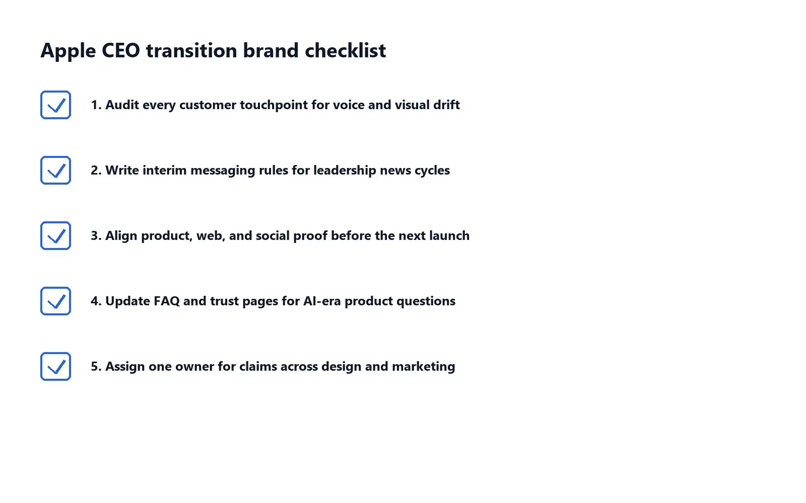Checklist graphic of brand moves inspired by Apple CEO John Ternus succession and Tim Cook transition.