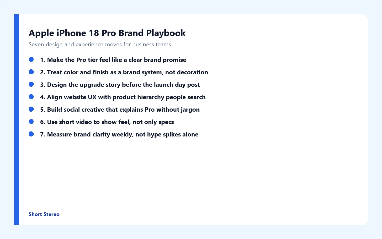 Checklist graphic summarizing seven brand lessons from Apple iPhone 18 Pro.