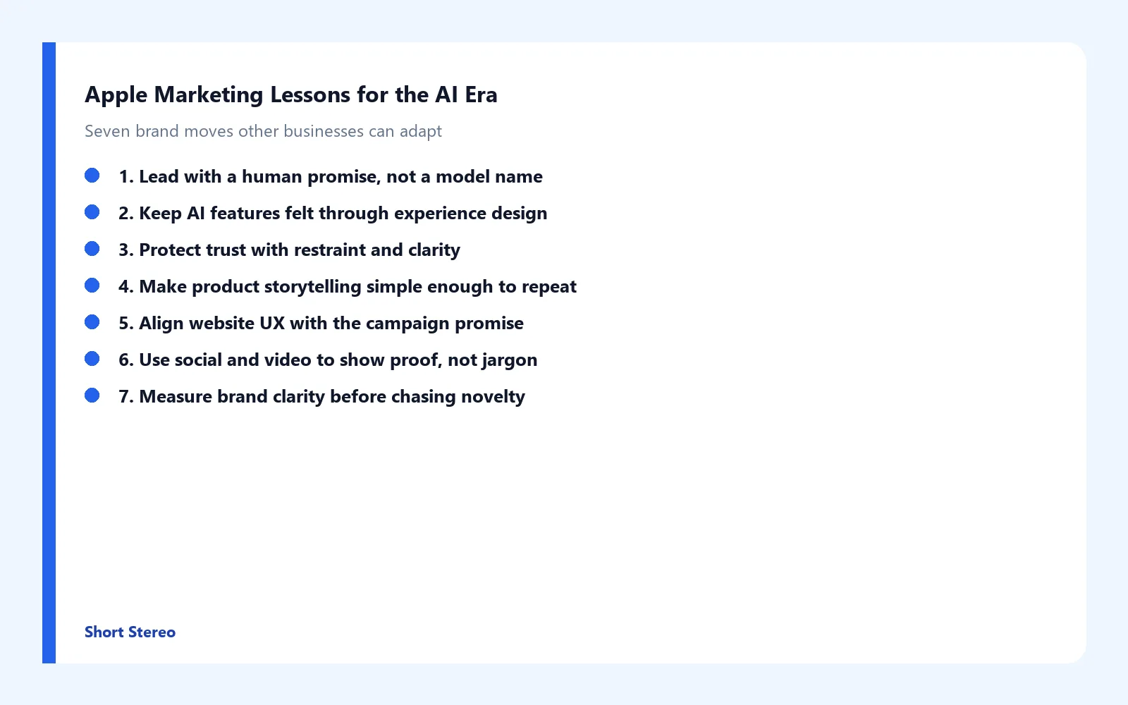 Checklist graphic summarizing seven brand lessons from Apple marketing in the AI era.