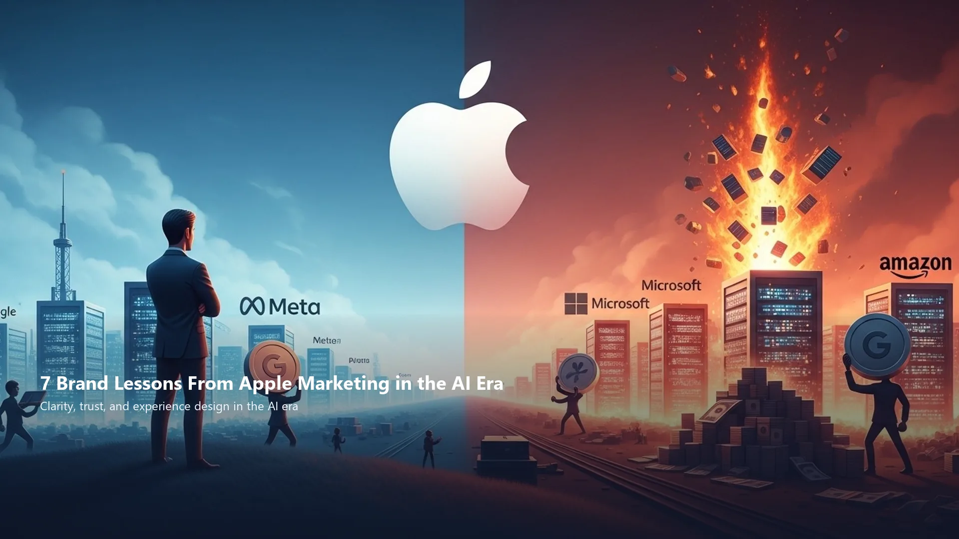 Apple marketing and AI strategy visuals illustrating seven brand lessons for businesses in the AI era.