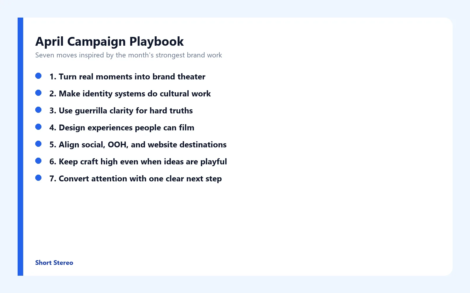 Checklist graphic summarizing seven brand lessons from April's best campaigns.
