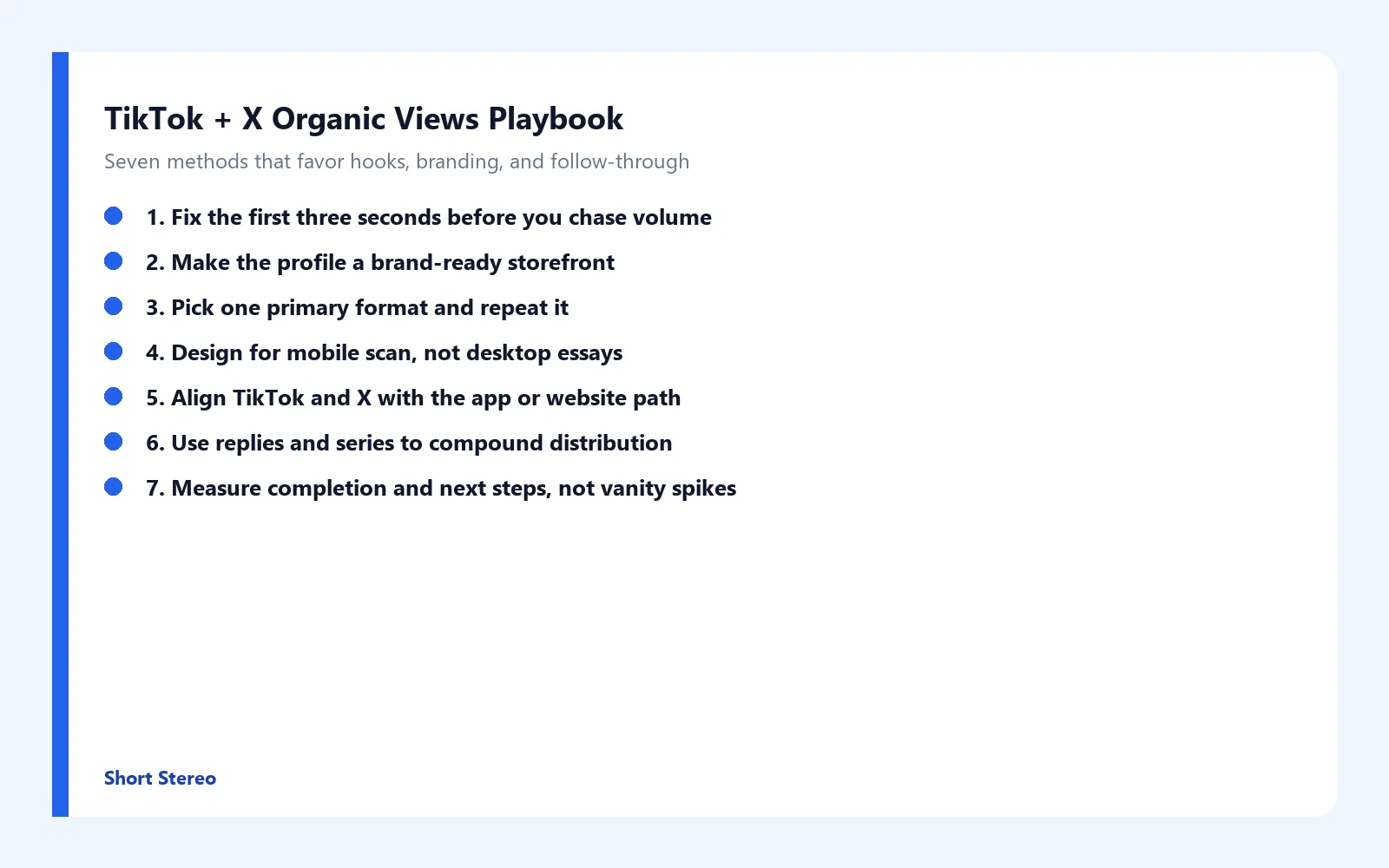 Checklist graphic summarizing seven best methods to get organic views on TikTok and X.