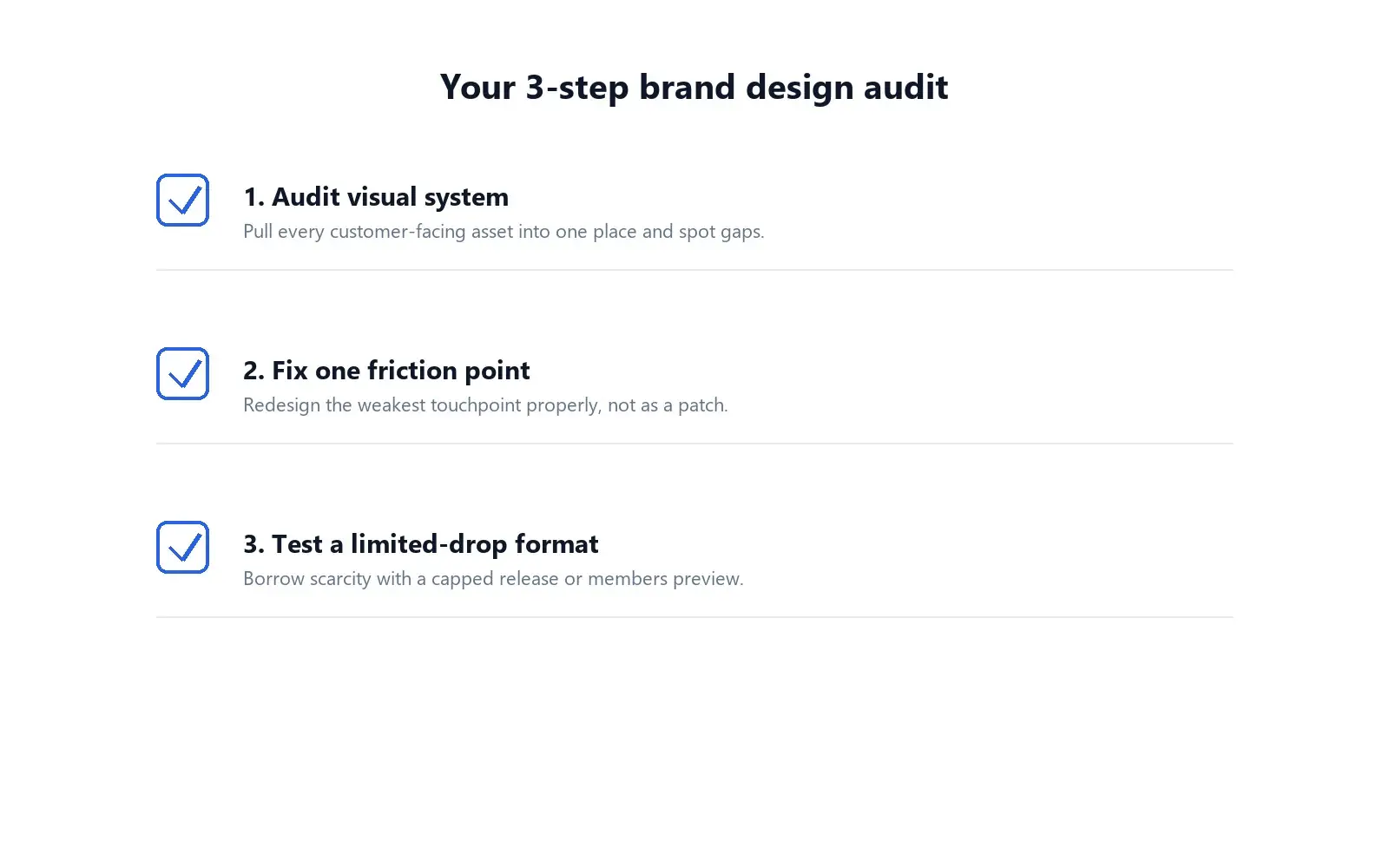 Three-step brand design audit checklist graphic for growth-stage companies.