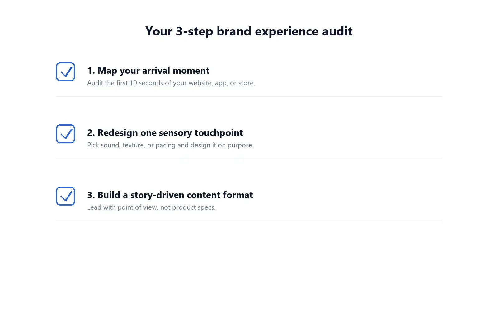 Three-step brand experience audit checklist graphic for growth-stage companies.