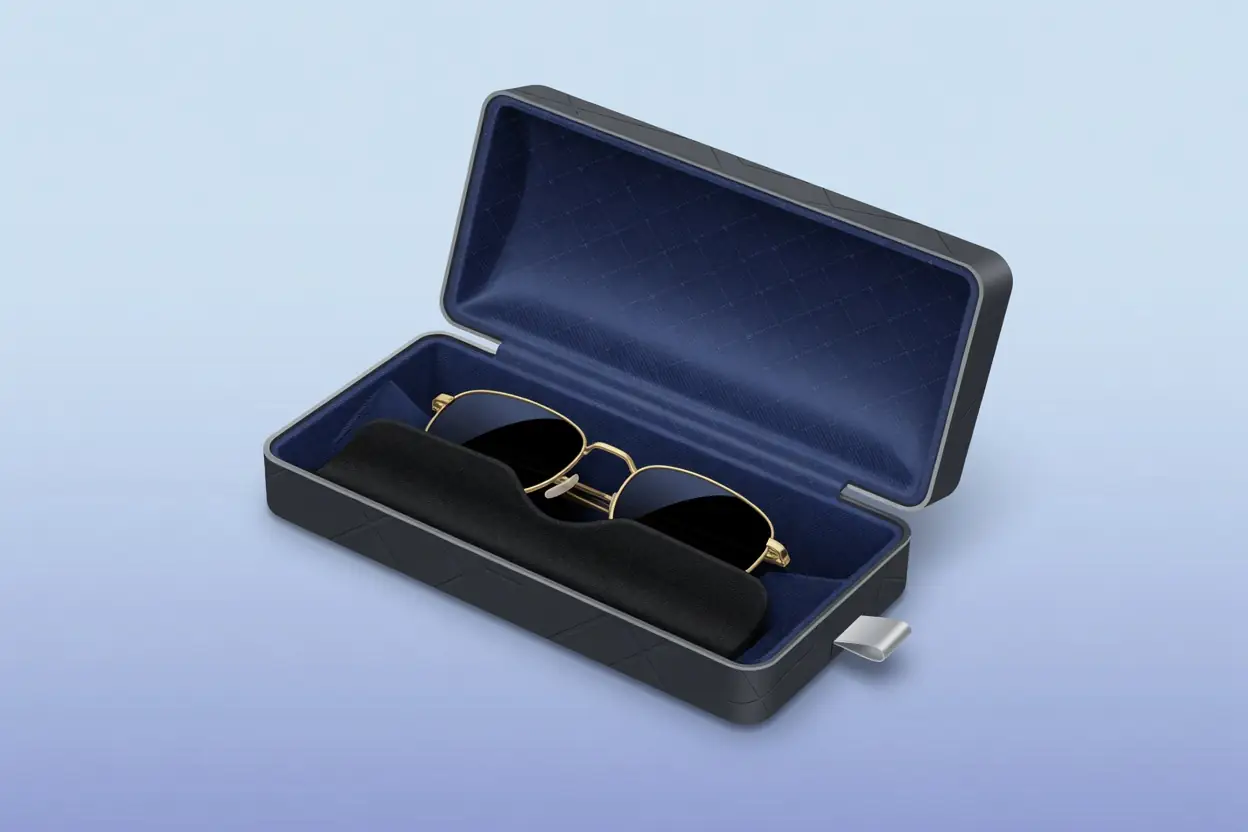 Illustration of a smart glasses case with brand packaging elements