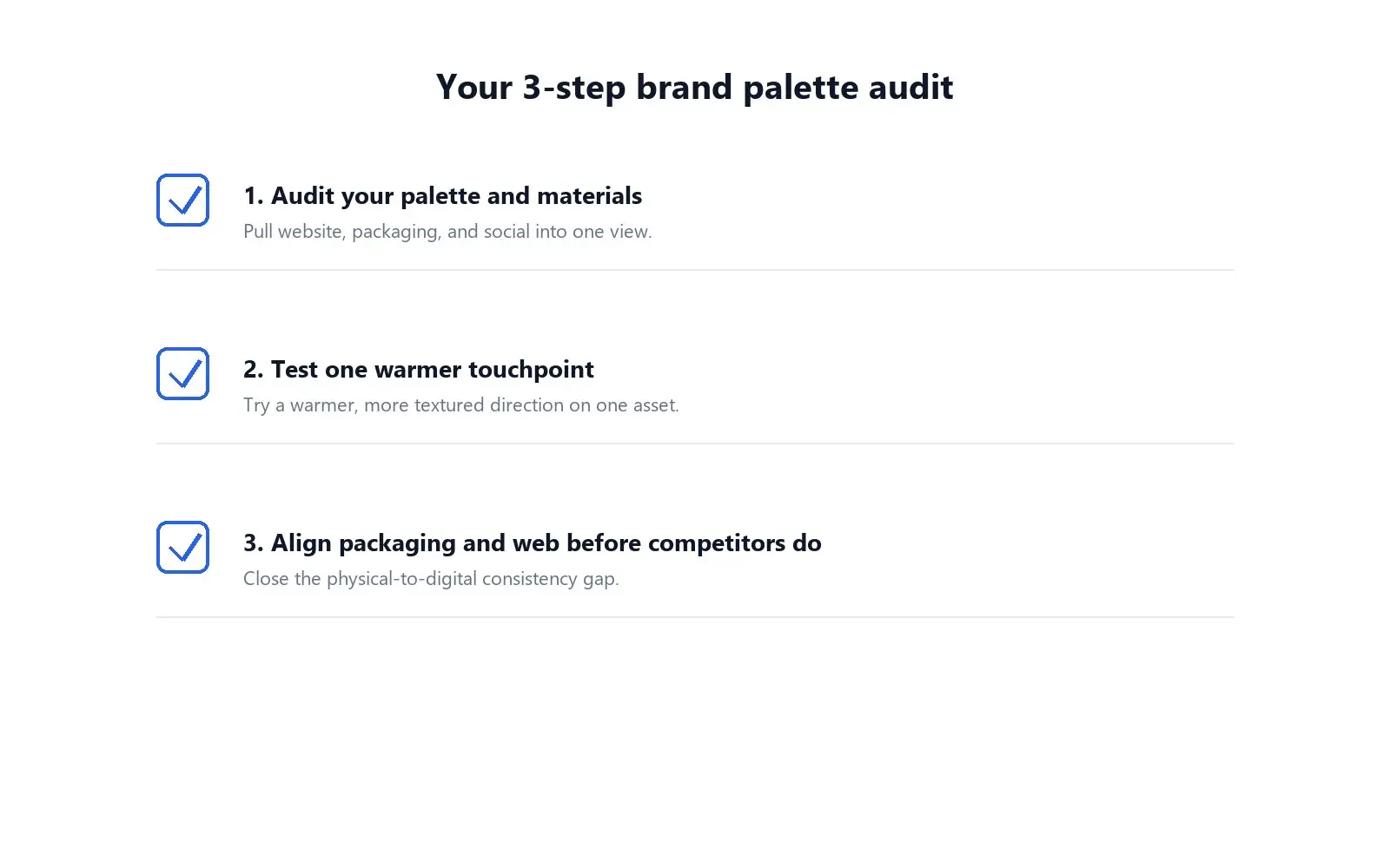 Three-step brand color and material audit checklist graphic for growth-stage companies.