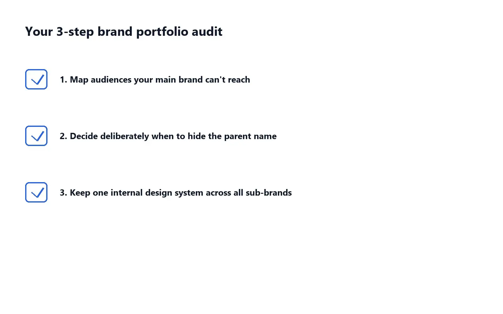 Three-step brand portfolio and sub-brand strategy audit checklist graphic for growth-stage companies.