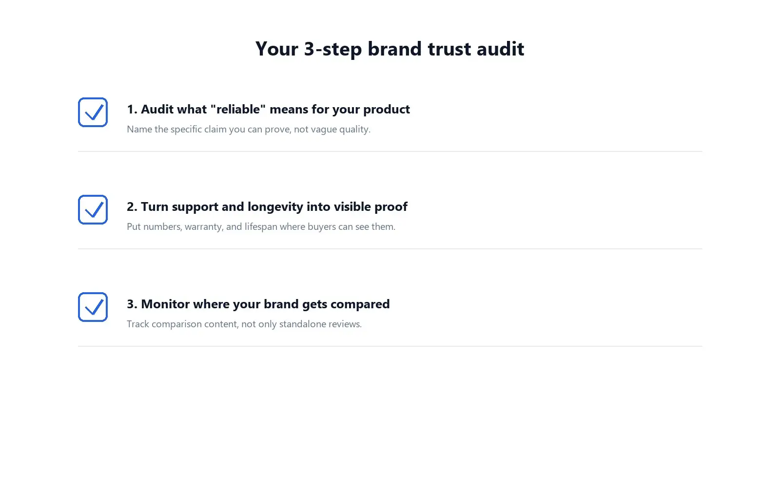 Three-step brand trust and reliability audit checklist graphic for growth-stage companies.