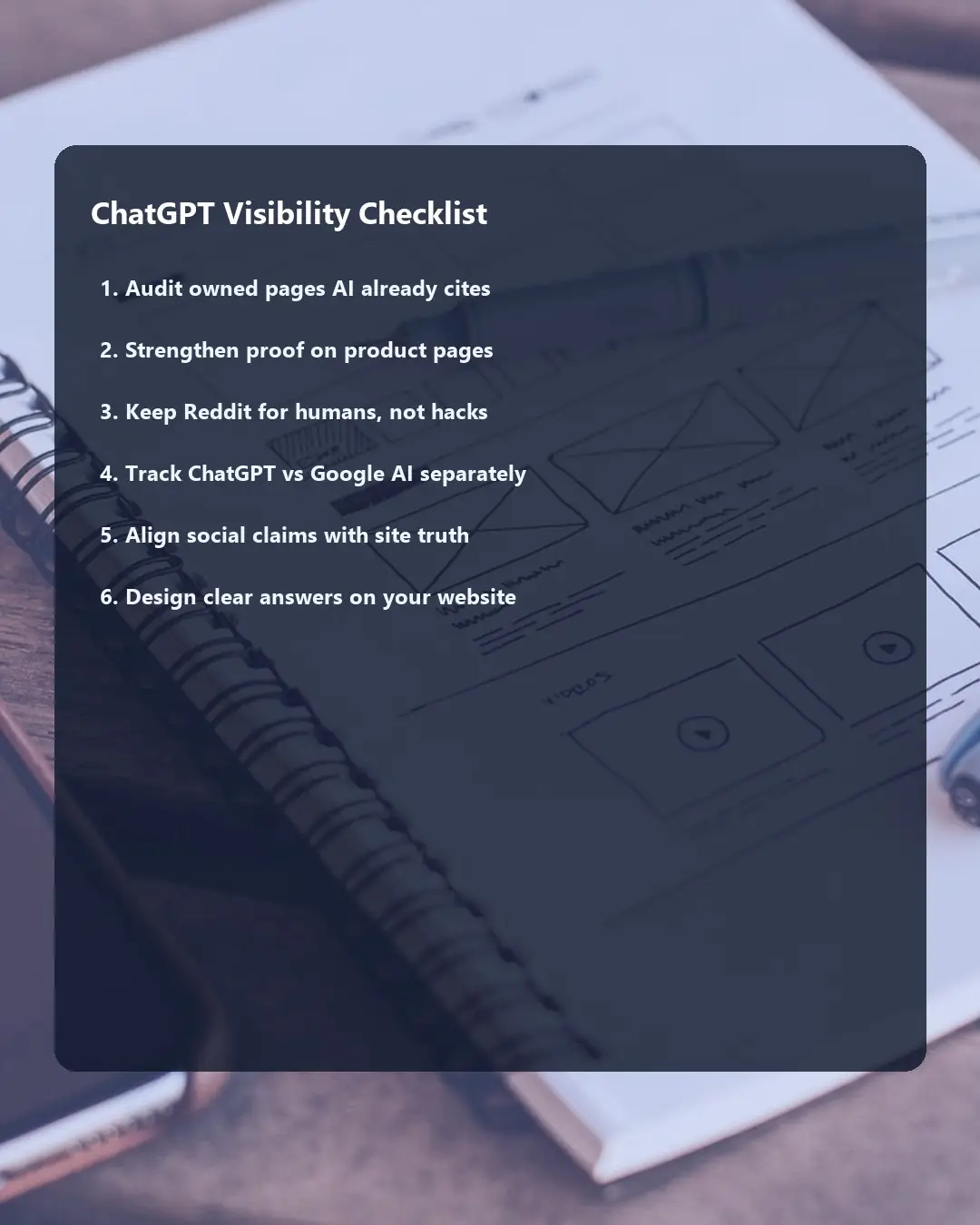 Notebook and phone on a desk styled as a ChatGPT citations marketing checklist.