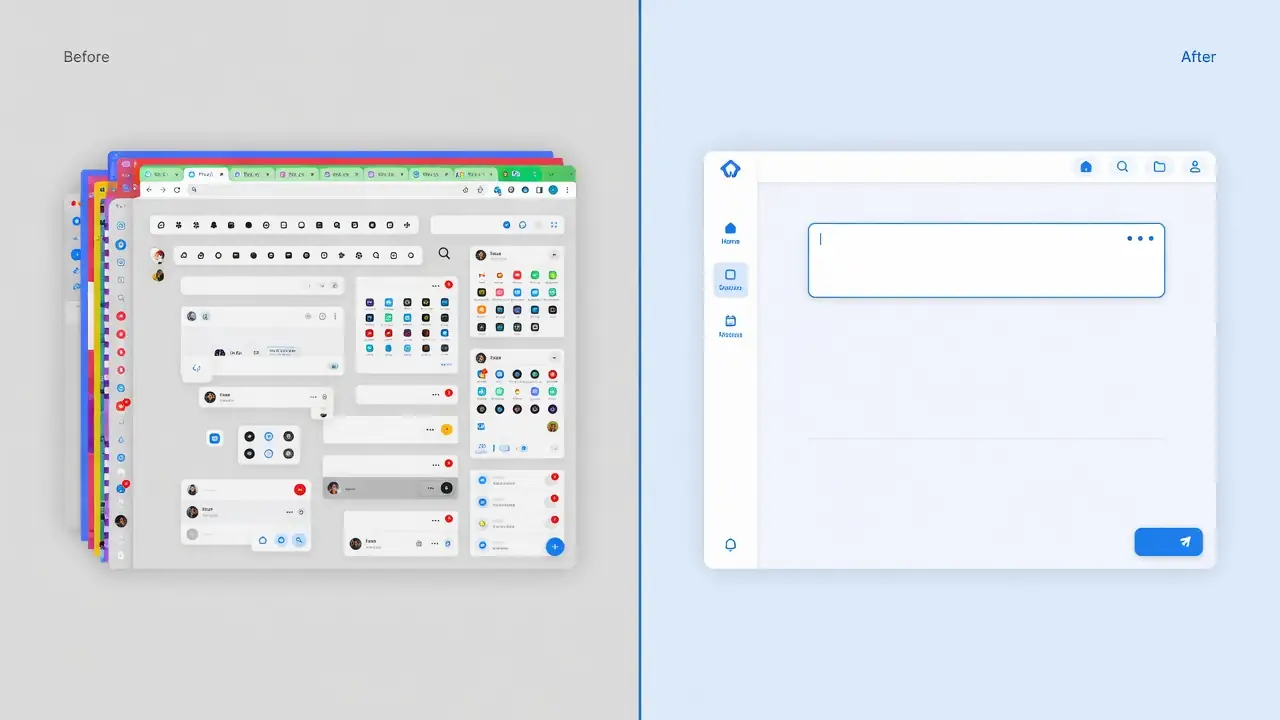Side-by-side comparison of a cluttered AI app UI versus a simplified redesign