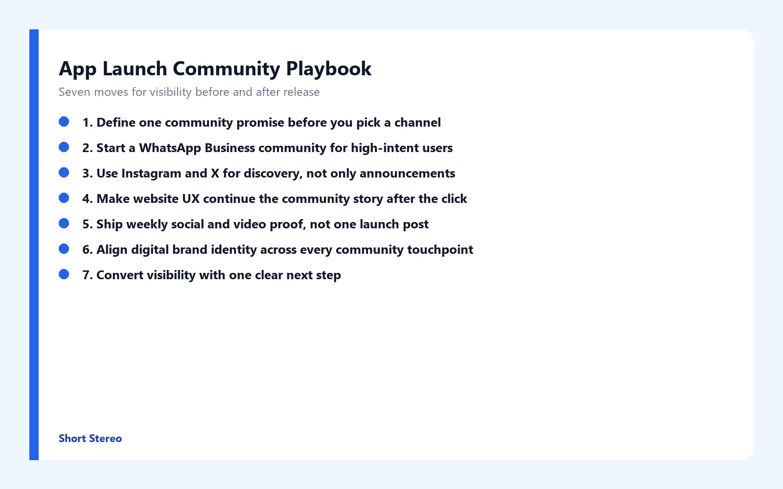 Checklist graphic summarizing how to create community and visibility for app launches.