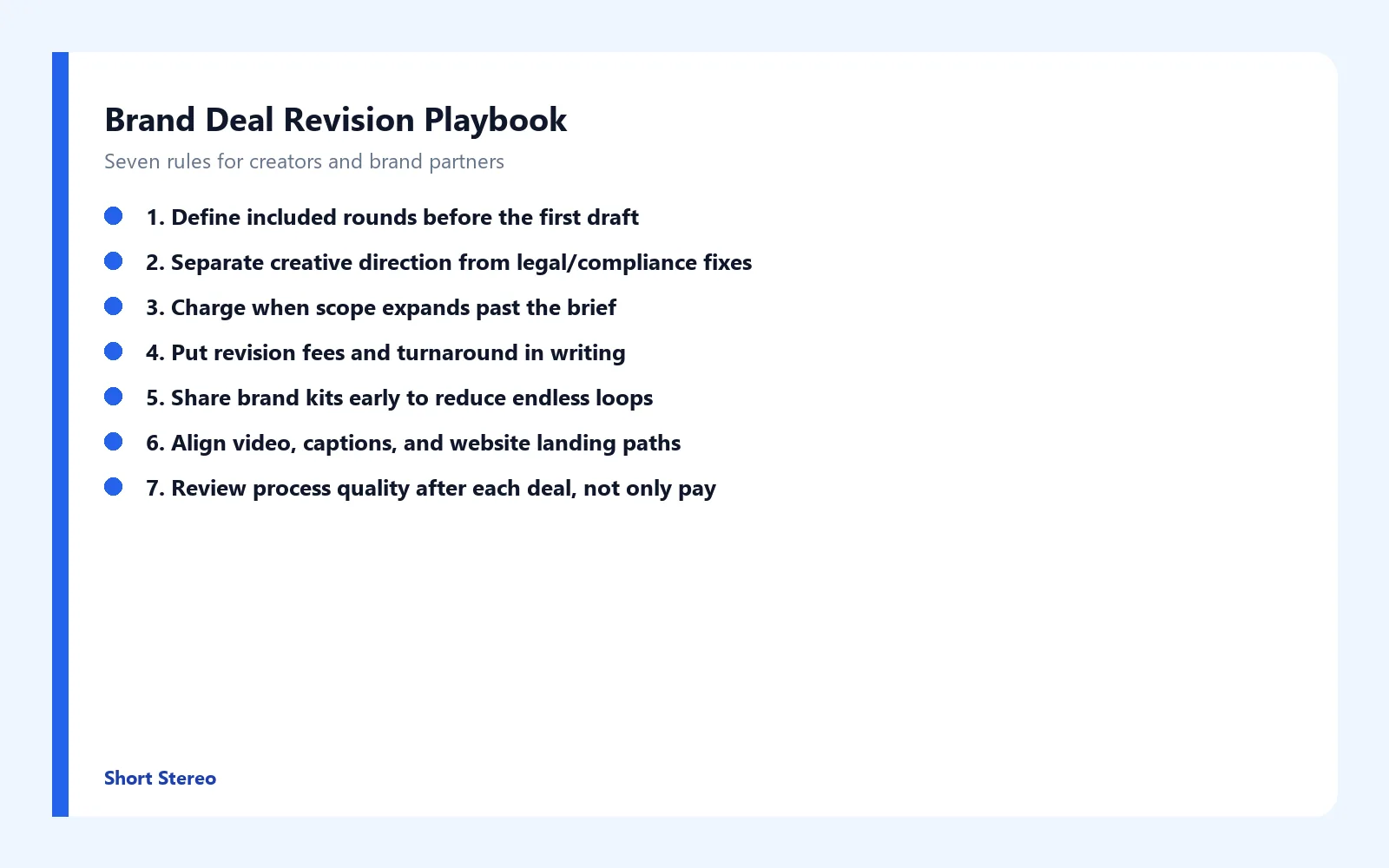 Checklist graphic summarizing seven rules for brand deal revisions.