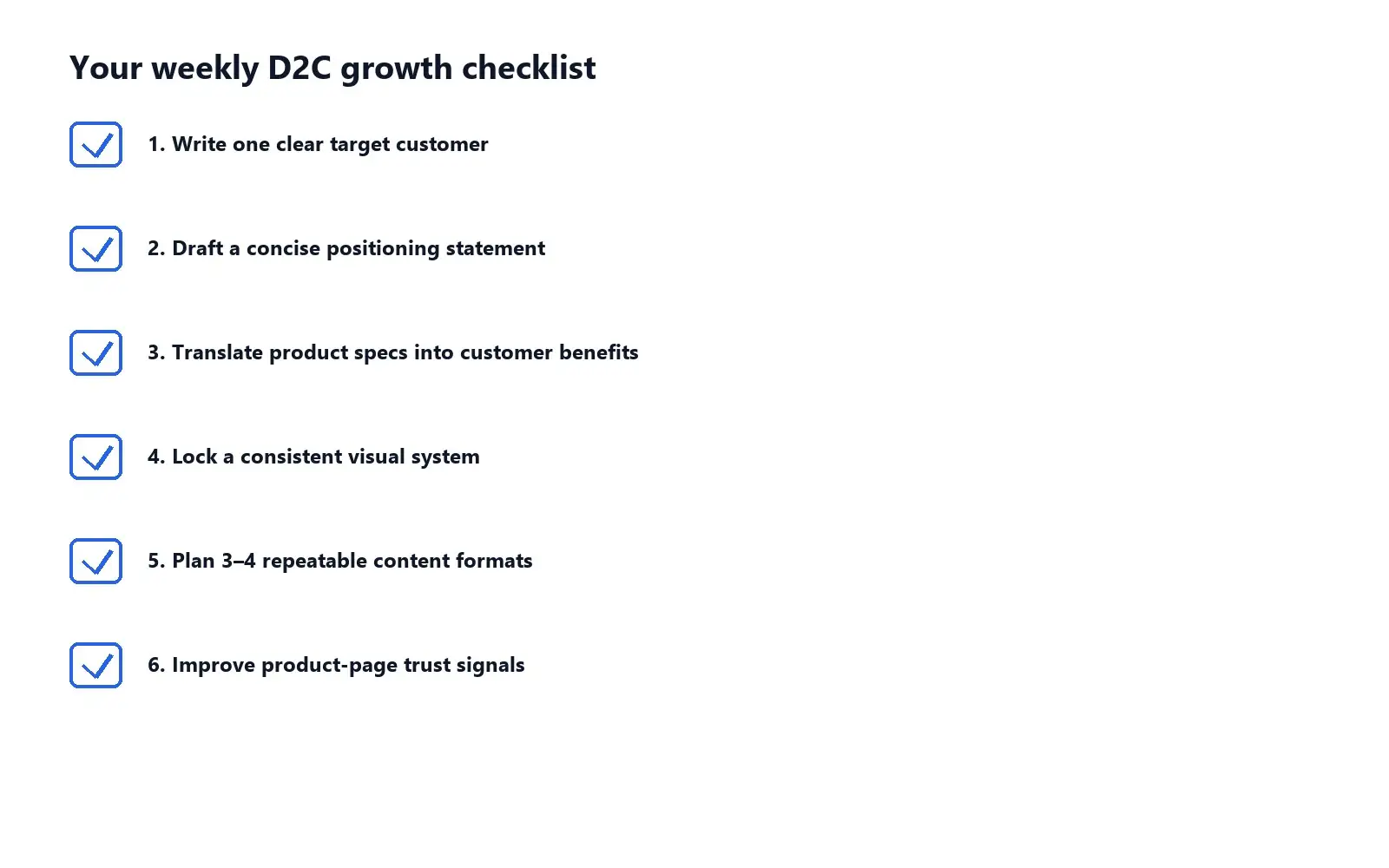 A weekly checklist graphic summarizing practical steps for growing a D2C clothing brand.