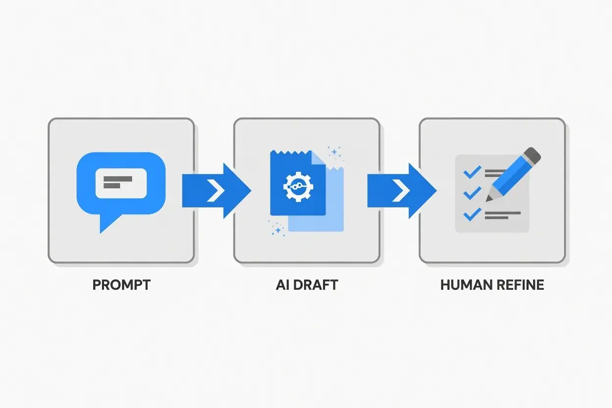 Flow diagram showing the AI design process from prompt to draft to human refinement