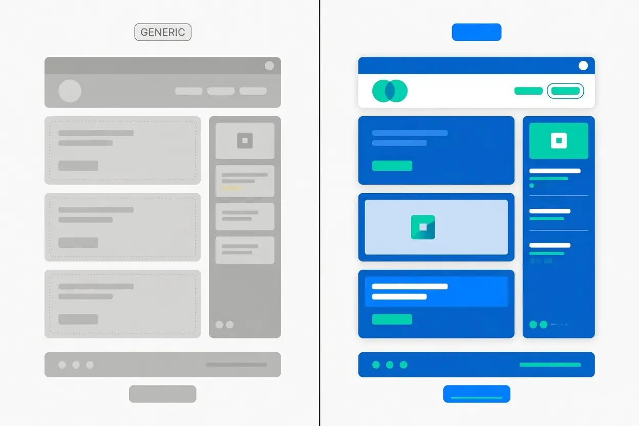 Side-by-side comparison of generic AI-generated design versus brand-led design