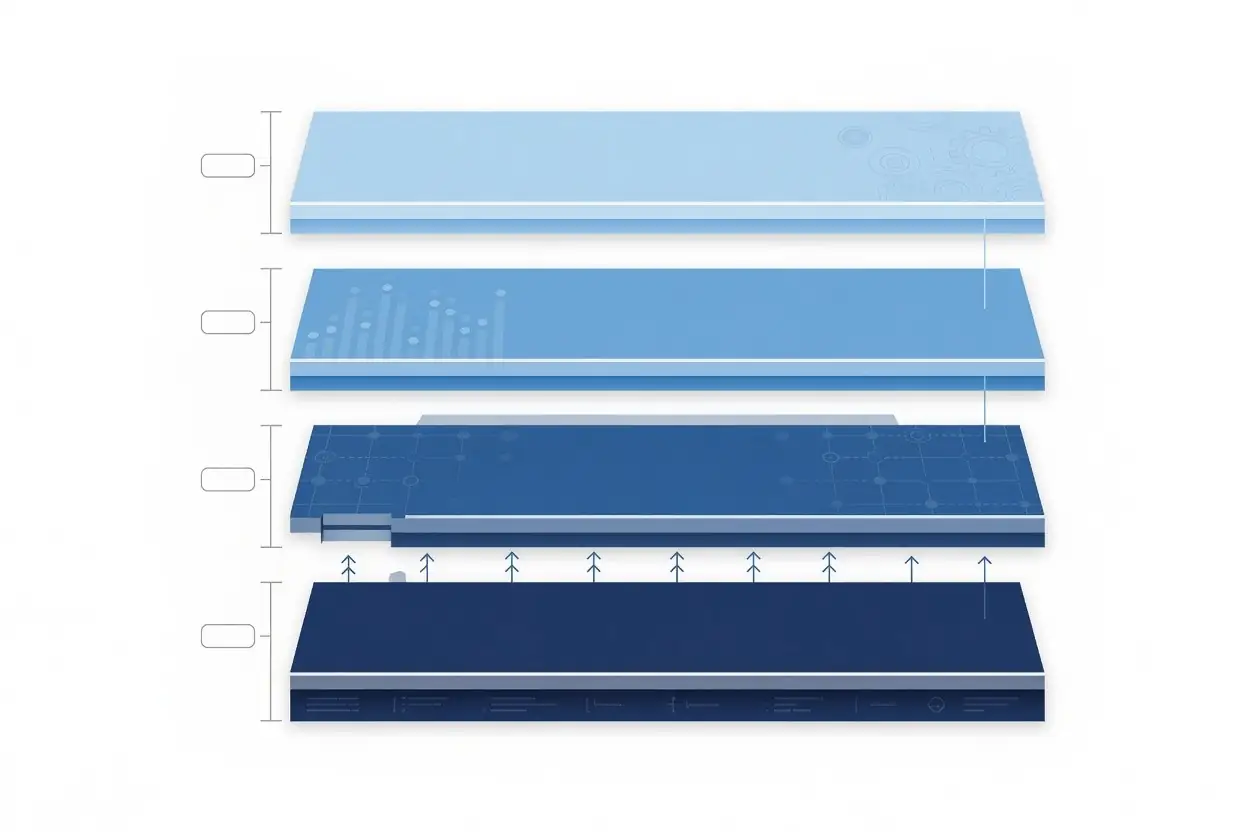 Stacked diagram showing four business tool layers consolidated under one ecosystem