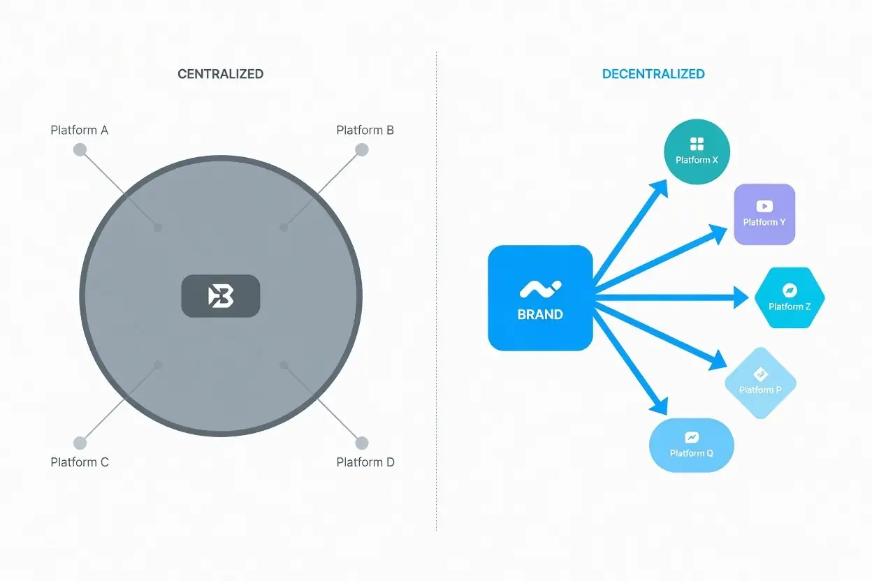 Side-by-side diagram comparing platform-dependent marketing versus brand-owned marketing experience
