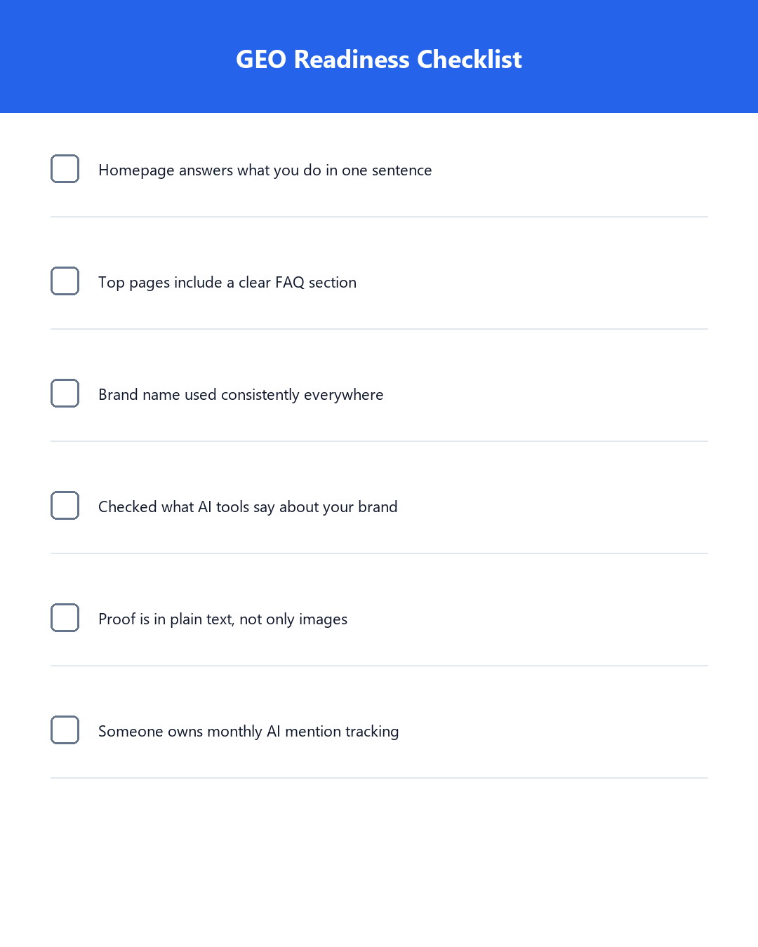 A vertical checklist graphic titled GEO Readiness Checklist with six short action items for brands.