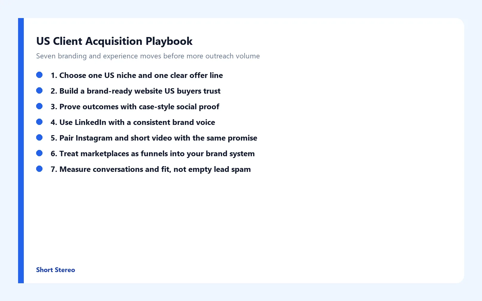 Checklist graphic summarizing seven ways to get clients from the US with branding and trust systems.