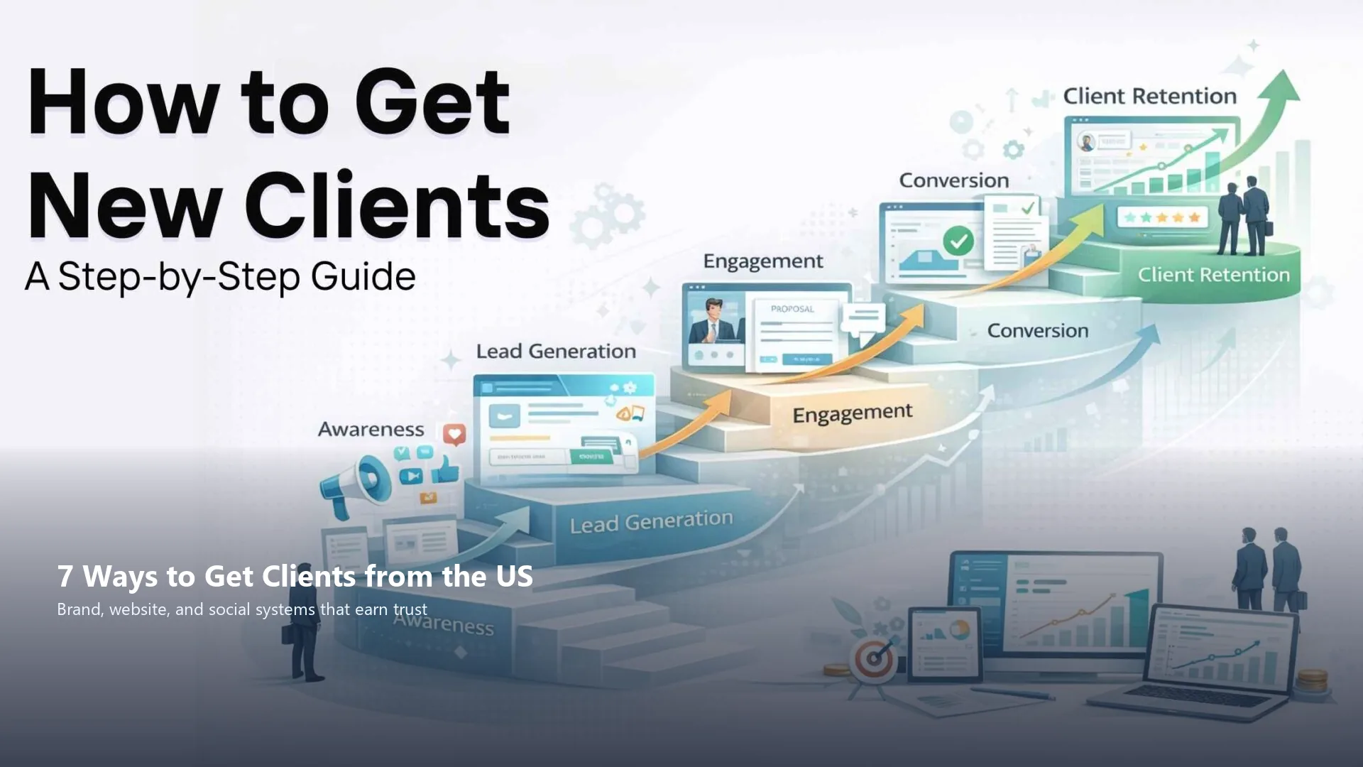 Business branding and client acquisition visuals illustrating seven ways to get clients from the US through trust and clear offers.