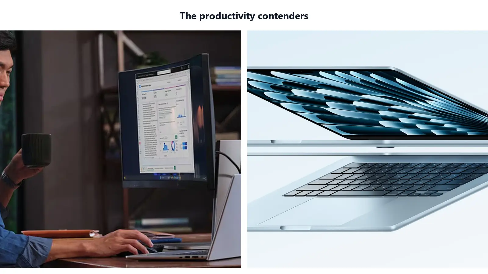 HP EliteBook and Apple MacBook Air laptops shown side by side as productivity-focused Lenovo competitors.