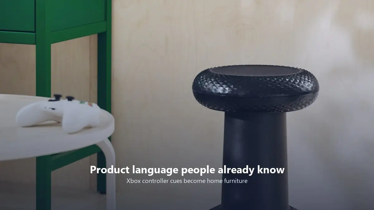 IKEA YXSTABY thumbstick-inspired stool from the IKEA Xbox furniture collab, official press image with overlay.