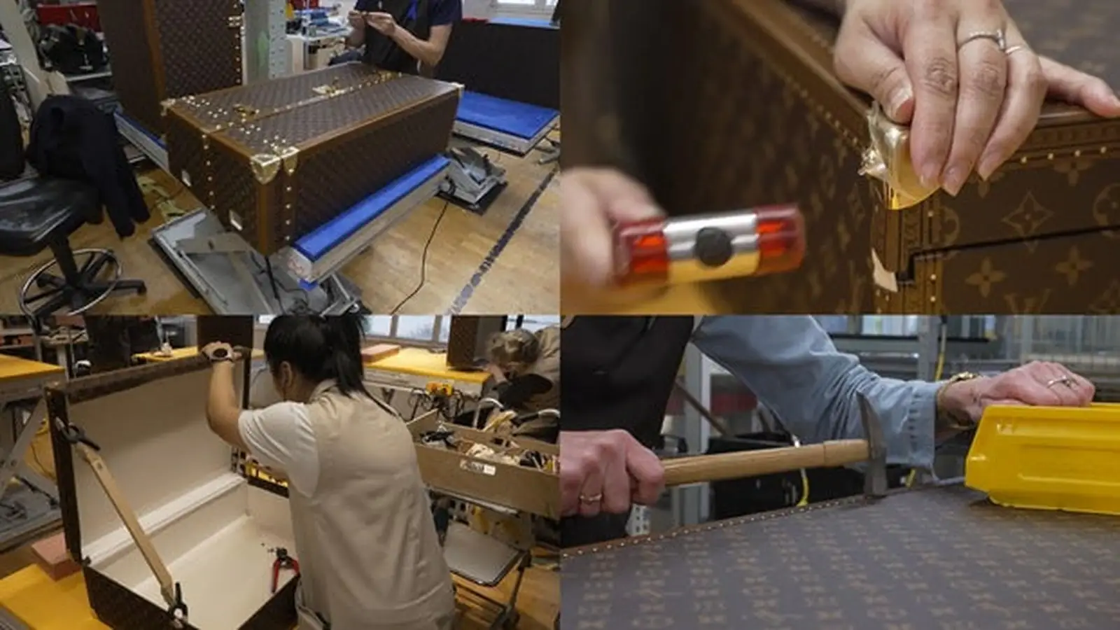 Craftspeople fashioning a Louis Vuitton trunk, illustrating heritage craft behind Louis Vuitton design.