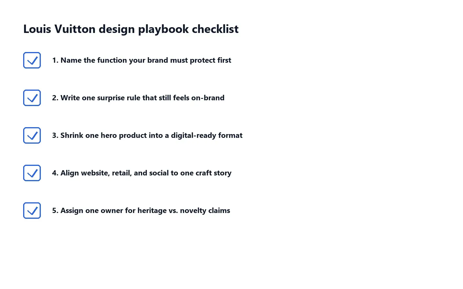 Checklist graphic of brand moves inspired by Louis Vuitton design lessons from CBS and Nicolas Ghesquière.