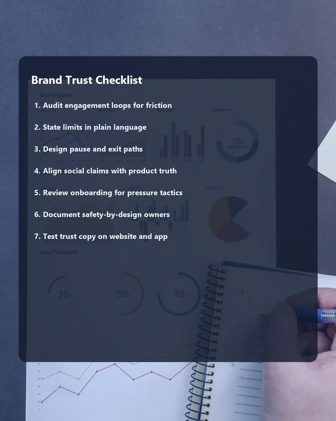 Laptop with charts and documents styled as a brand trust checklist after the Meta settlement.