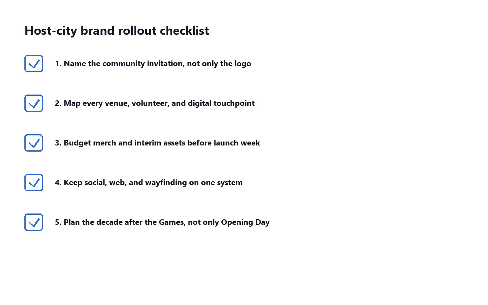 Checklist graphic of brand moves inspired by OKC 2028 Olympics branding and Team OKC.