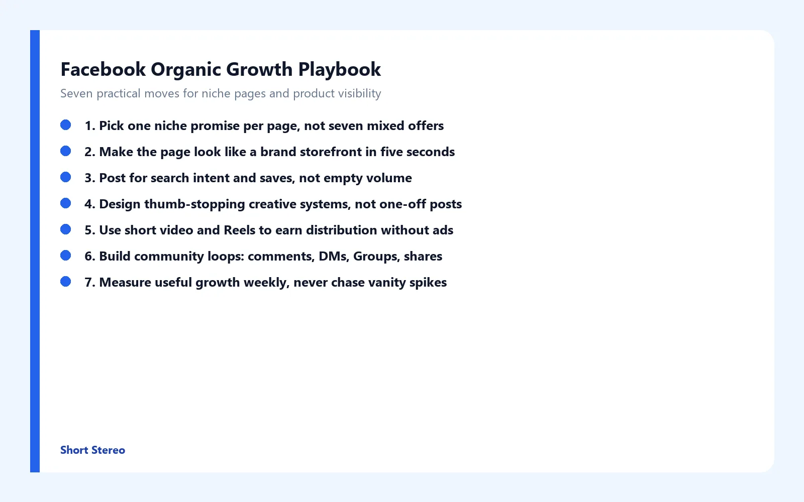 Checklist graphic summarizing seven ways to organically grow Facebook pages.