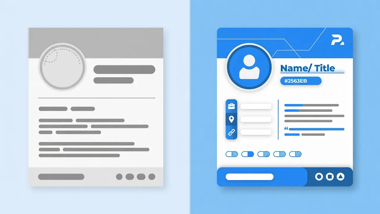 Before-and-after diagram comparing a generic executive bio card to a distinct, well-designed personal brand profile.
