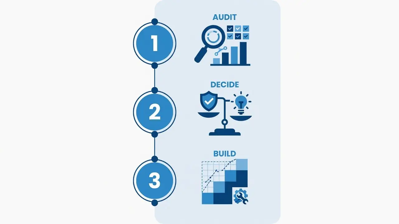 Three step process graphic for auditing and building a brand portfolio strategy