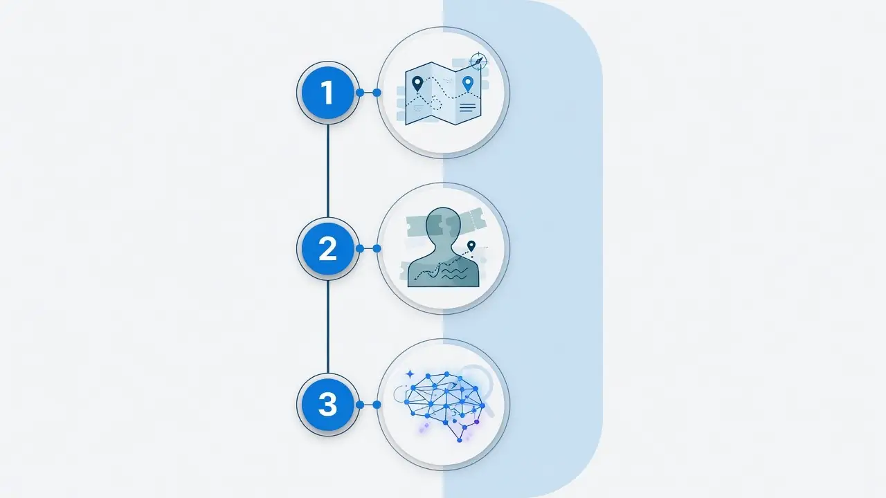 Three step process graphic for reducing marketing platform dependence while using AI tools wisely