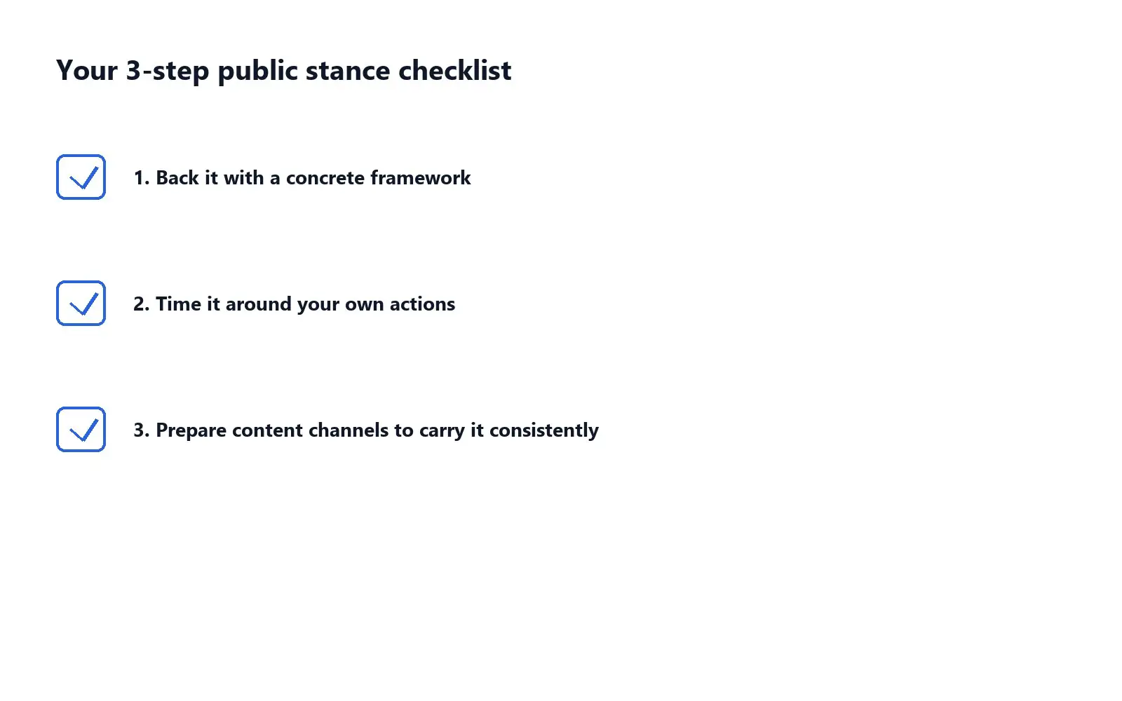 Three-step checklist graphic for brands preparing to take a public leadership stance.