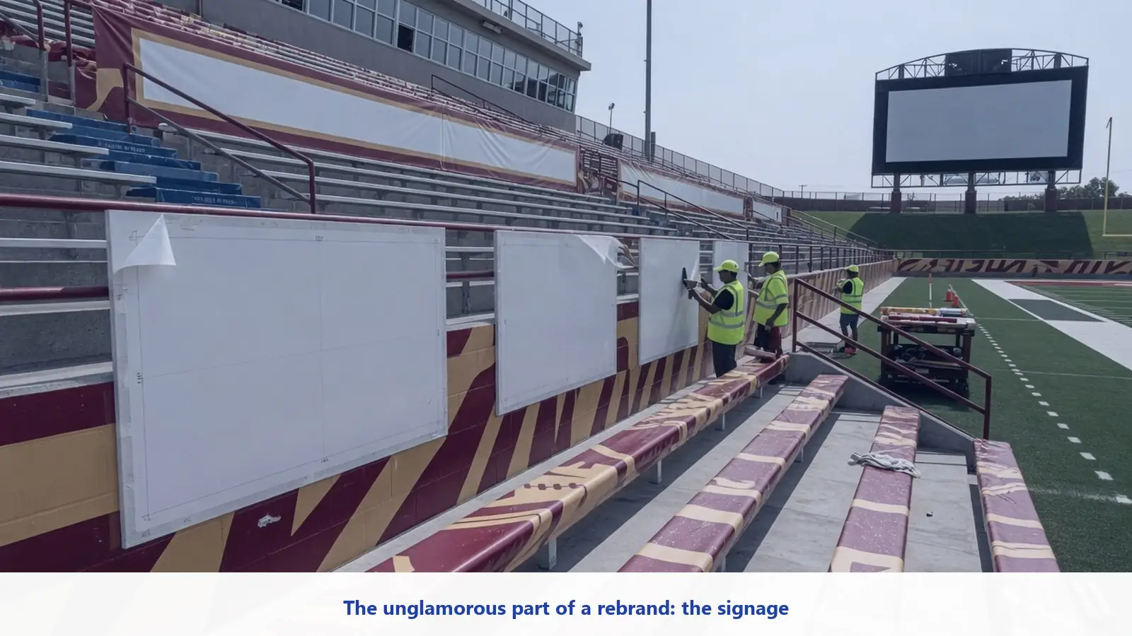 A high school football stadium signage and branding project shown as a real-world example of physical brand removal and replacement.