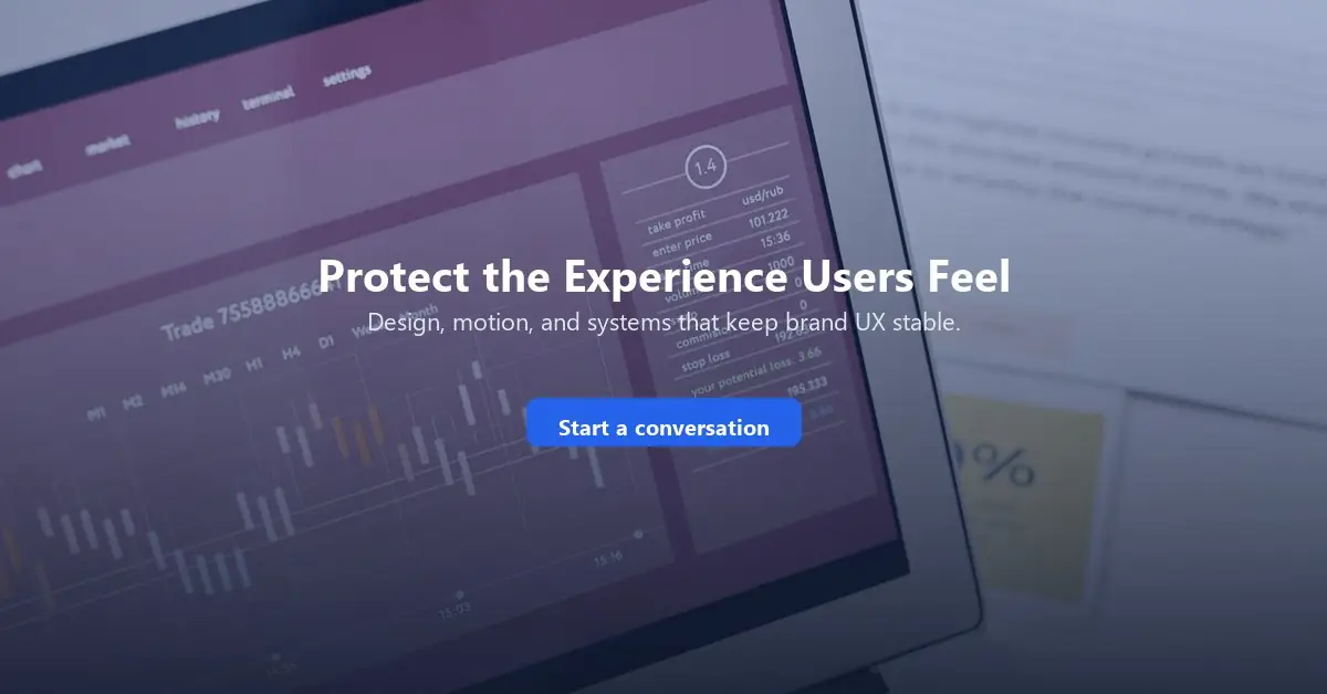 Laptop analytics scene with a call to action about protecting brand UX stability.