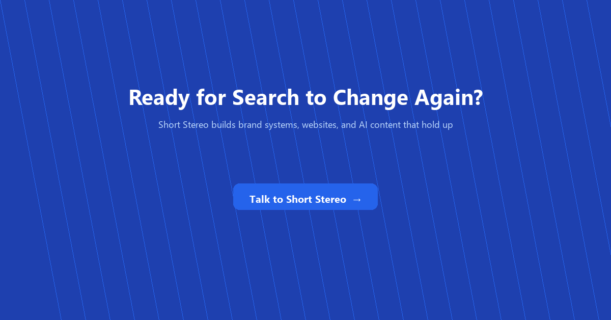 A bold dark-blue call-to-action card inviting readers to talk to Short Stereo about brand and AI content strategy.