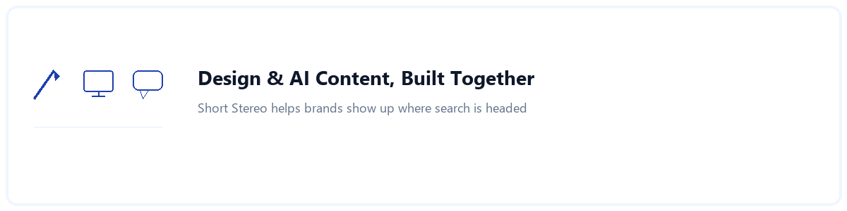 A minimal banner introducing Short Stereo's design and AI content work, styled with soft blue accents.