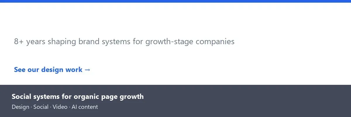 Agency brand credibility banner introducing social and design systems for organic Facebook growth.