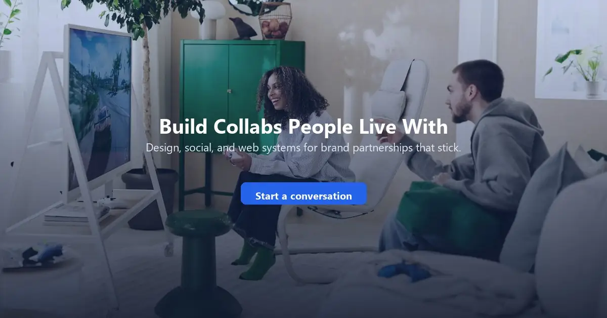 People gaming in a living room with YXSTABY pieces, used as an end CTA about partnership design.