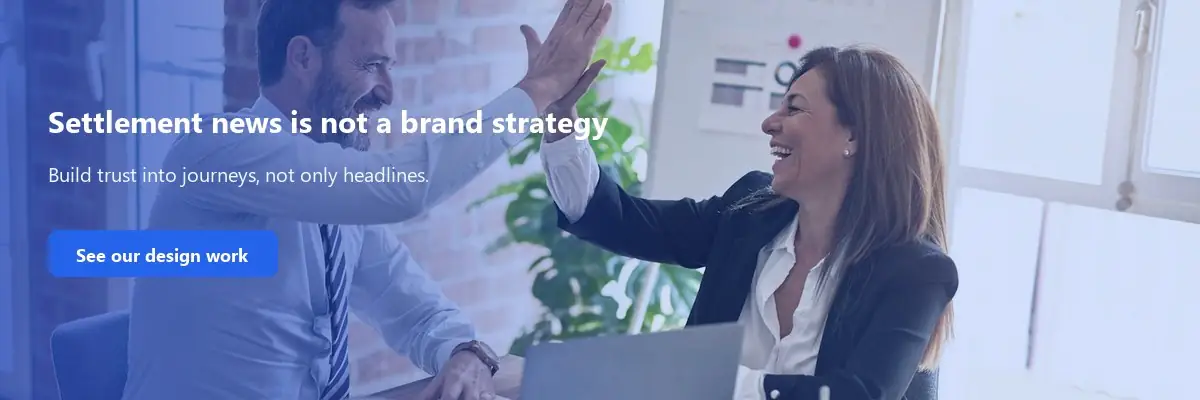 Short Stereo credibility banner on Meta settlement brand strategy and trust design.