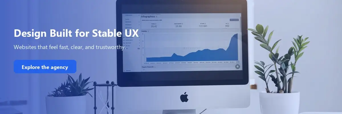 Analytics dashboard on a desktop display used as a promo for stable brand UX design.