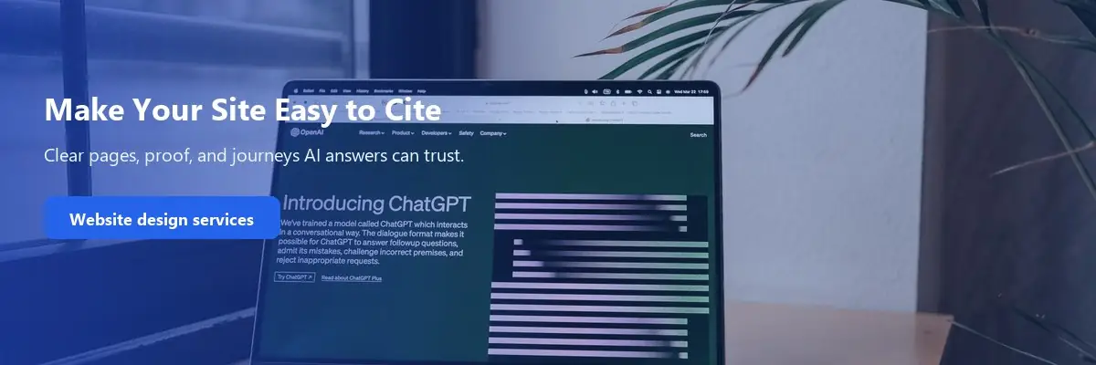 Laptop on a desk by a window, used as a promo for cite-ready website design.