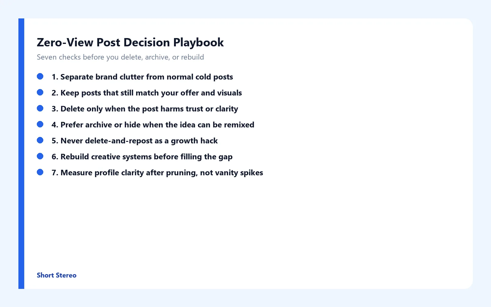 Checklist graphic summarizing seven checks before deleting zero-view social posts.