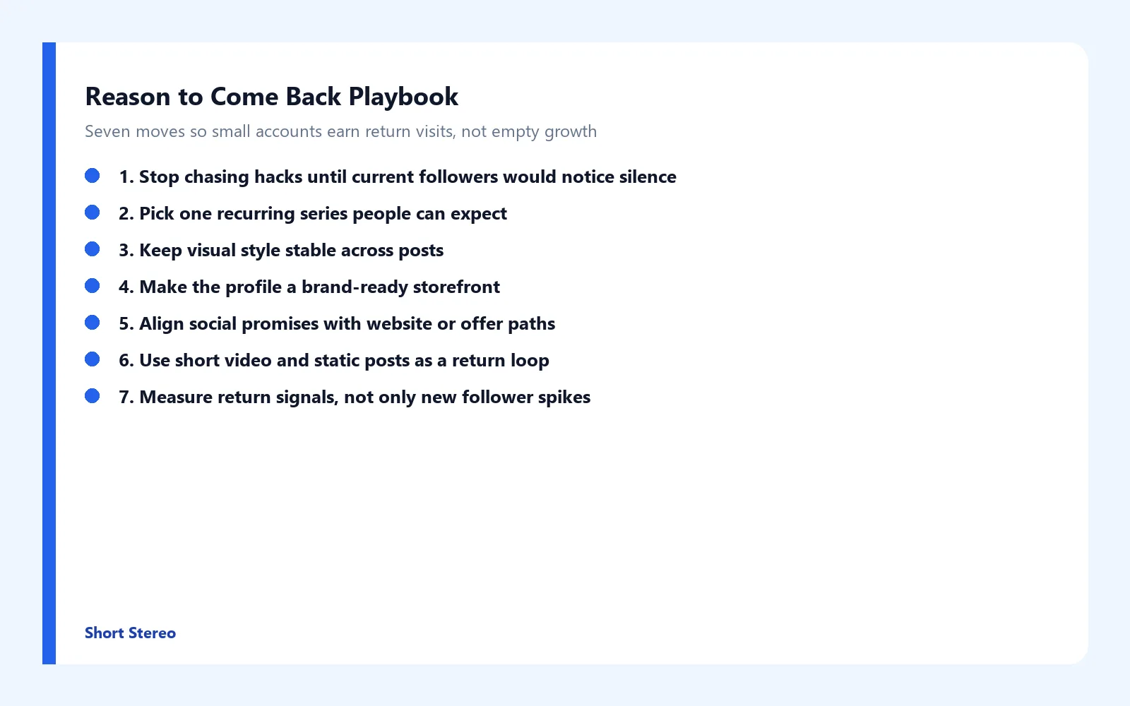Checklist graphic summarizing seven ways small accounts can give followers a reason to come back.