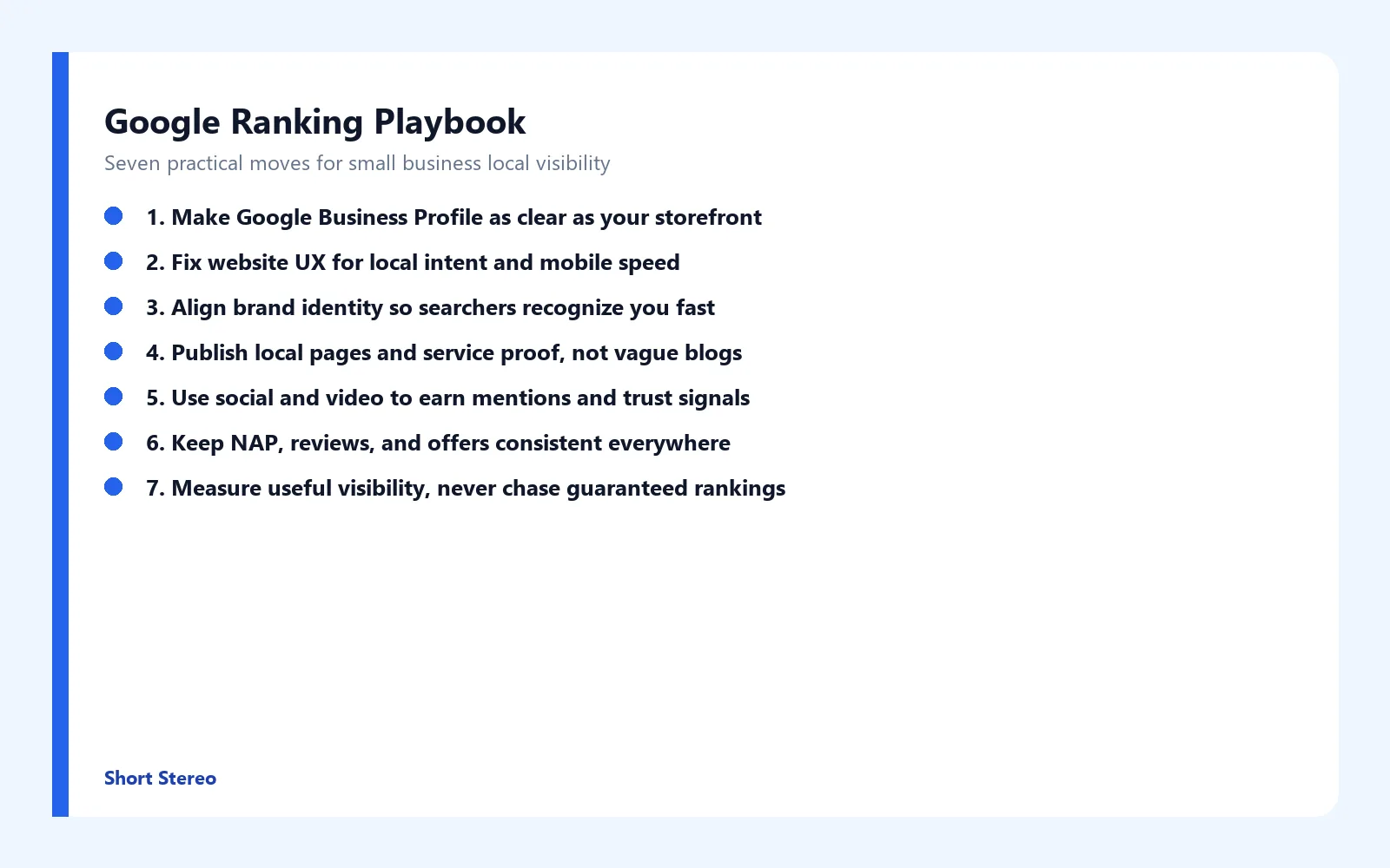 Checklist graphic summarizing seven ways small businesses can improve Google ranking.