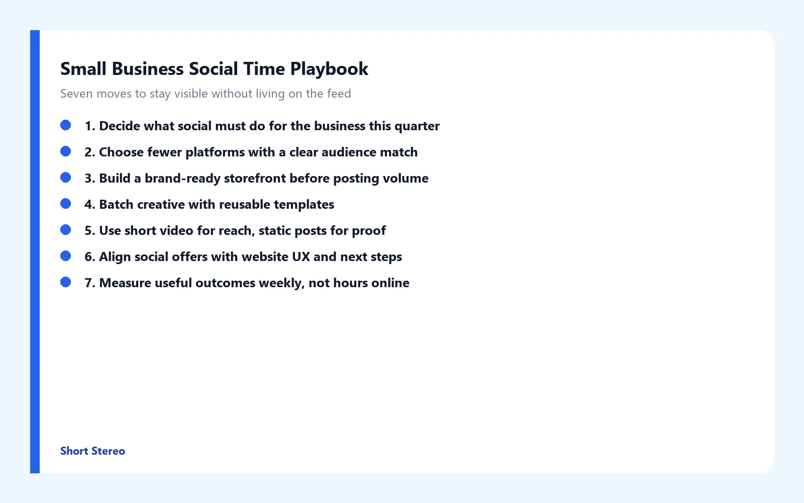 Checklist graphic summarizing seven ways small businesses can reduce social media time.